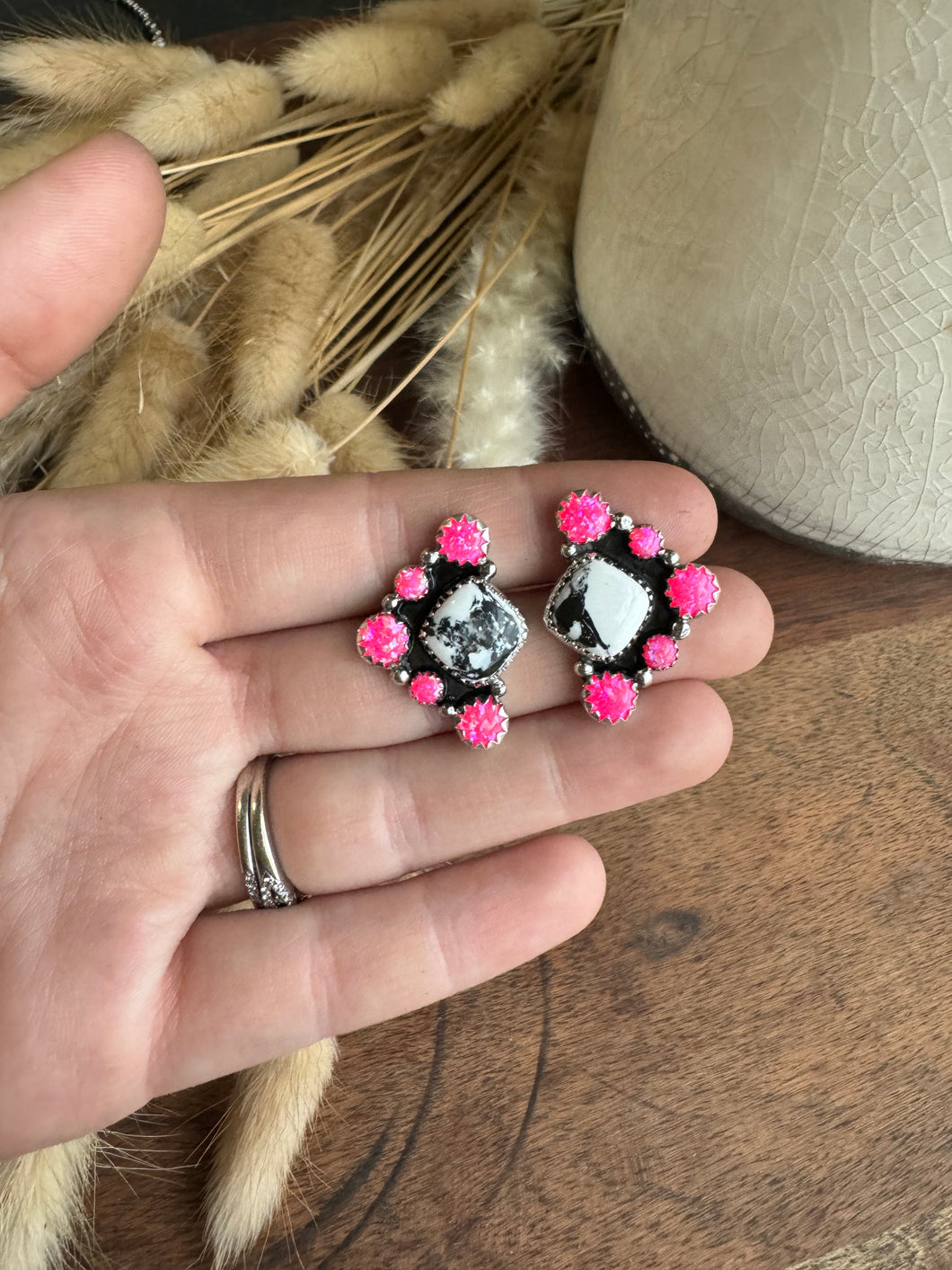 White Buffalo & pink opal Studs