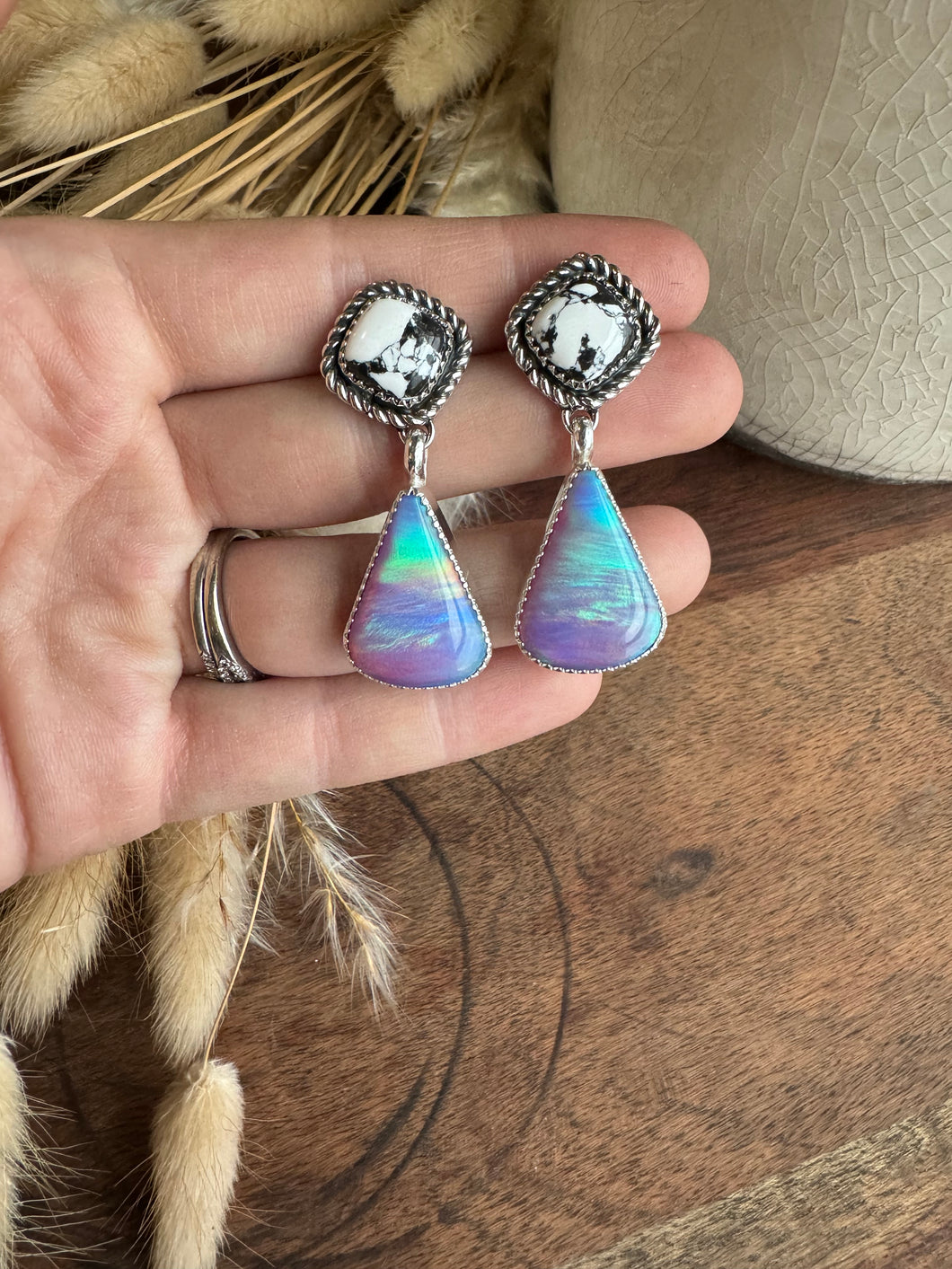 White Buffalo & Aurora Opal Earrings